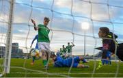 3 May 2019; Matt Everitt of Republic of Ireland scores his side's goal past Greece goalkeeper Konstantinos Tzolakis during the 2019 UEFA European Under-17 Championships Group A match between Republic of Ireland and Greece at Tallaght Stadium in Dublin. Photo by Stephen McCarthy/Sportsfile