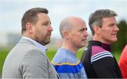 3 May 2019; Kildare manager Cian O'Neill, left, Longford manager Padraic Davis, centre, and Westmeath manager Jack Cooney during the launch of the  Leinster GAA Senior Championships at the Casement Aerodrome in Baldonnel, Dublin. Photo by Ramsey Cardy/Sportsfile