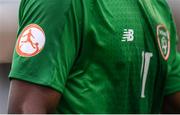 3 May 2019; A detailed view of the UEFA European Under-17 Championships logo on the Republic of Ireland jersey during the 2019 UEFA European Under-17 Championships Group A match between Republic of Ireland and Greece at Tallaght Stadium in Dublin. Photo by Stephen McCarthy/Sportsfile