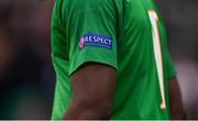 3 May 2019; A detailed view of the UEFA Respect logo on the Republic of Ireland jersey during the 2019 UEFA European Under-17 Championships Group A match between Republic of Ireland and Greece at Tallaght Stadium in Dublin. Photo by Stephen McCarthy/Sportsfile