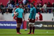 4 May 2019; Tyler Bleyendaal, left, and Peter O'Mahony of Munster in conversation prior to the Guinness PRO14 quarter-final match between Munster and Benetton Rugby at Thomond Park in Limerick. Photo by Diarmuid Greene/Sportsfile
