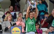 4 May 2019; Fermanagh Captain Joanne Donnan holds aloft the NFL Division 4 cup after the Lidl Ladies NFL Division 4 Final between Antrim and Fermanagh at St Tiernach's Park, Clones, Co.Monaghan. Photo by Oliver McVeigh/Sportsfile