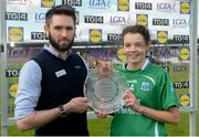 4 May 2019; Dara Sweeney, deputy store manager in Lidl Monaghan, presents the player of the match award to Eimear Smyth of Fermanagh after the Lidl Ladies NFL Division 4 Final between Antrim and Fermanagh at St Tiernach's Park, Clones, Co.Monaghan. Photo by Oliver McVeigh/Sportsfile