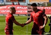 4 May 2019; Andrew Conway, left, and Billy Holland of Munster exchange a handshake after the Guinness PRO14 quarter-final match between Munster and Benetton Rugby at Thomond Park in Limerick. Photo by Diarmuid Greene/Sportsfile