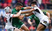 4 May 2019; Tiernan O’Halloran of Connacht is tackled by Michael Lowry and Robert Baloucoune of Ulster during the Guinness PRO14 quarter-final match between Ulster and Connacht at Kingspan Stadium in Belfast. Photo by Brendan Moran/Sportsfile