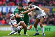 4 May 2019; Tiernan O’Halloran of Connacht is tackled by Michael Lowry and Robert Baloucoune of Ulster during the Guinness PRO14 quarter-final match between Ulster and Connacht at Kingspan Stadium in Belfast. Photo by Brendan Moran/Sportsfile