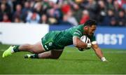 4 May 2019; Bundee Aki of Connacht scores his side's first try during the Guinness PRO14 quarter-final match between Ulster and Connacht at Kingspan Stadium in Belfast. Photo by David Fitzgerald/Sportsfile