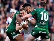 4 May 2019; Darren Cave of Ulster is tackled by Bundee Aki and Jack Carty of Connacht during the Guinness PRO14 quarter-final match between Ulster and Connacht at Kingspan Stadium in Belfast. Photo by Brendan Moran/Sportsfile