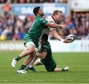 4 May 2019; Kieran Treadwell of Ulster is tackled by Tiernan O'Halloran, left, and Jarrad Butler of Connacht during the Guinness PRO14 quarter-final match between Ulster and Connacht at Kingspan Stadium in Belfast. Photo by John Dickson/Sportsfile