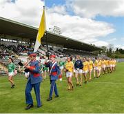 4 May 2019; Saoirse Tennyson captain of Antrim leads her team during the pre-match parade before the Lidl Ladies NFL Division 4 Final between Antrim and Fermanagh at St Tiernach's Park, Clones, Co.Monaghan. Photo by Matt Browne/Sportsfile