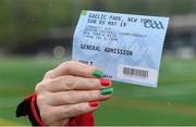 5 May 2019; First Mayo supporter into the ground Annette Garvey, from Crossboyne, Claremorris, with her ticket at 8.15am for the 2.15pm throw-in of the Connacht GAA Football Senior Championship Quarter-Final match between New York and Mayo at Gaelic Park in New York, USA. Photo by Piaras Ó Mídheach/Sportsfile