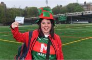 5 May 2019; First Mayo supporter into the ground Annette Garvey, from Crossboyne, Claremorris, with her ticket at 8.15am for the 2.15pm throw-in of the Connacht GAA Football Senior Championship Quarter-Final match between New York and Mayo at Gaelic Park in New York, USA. Photo by Piaras Ó Mídheach/Sportsfile