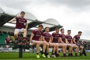 5 May 2019; David Wynne of Galway, left, jumps the bench before the team photo prior to the Connacht GAA Football Senior Championship Quarter-Final match between London and Galway at McGovern Park in Ruislip, London, England. Photo by Harry Murphy/Sportsfile