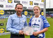 5 May 2019; Paul Lazar, Deputy Store Manager, Lidl Coolock, presents the Player of the Match to Maria Delahunty of Waterford after the Lidl Ladies National Football League Division 2 Final match between Kerry and Waterford at Parnell Park in Dublin. Photo by Ray McManus/Sportsfile