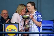 5 May 2019; Waterford captain Karen McGrath is presented with the cup by Marie Hickey, President, LGFA, after the Lidl Ladies National Football League Division 2 Final match between Kerry and Waterford at Parnell Park in Dublin. Photo by Brendan Moran/Sportsfile