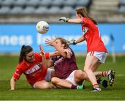 5 May 2019; Sarah Conneally of Galway in action against Hannah Looney, left, and Eimear Kiely of Cork during the Lidl Ladies National Football League Division 1 Final match between Cork and Galway at Parnell Park in Dublin. Photo by Ray McManus/Sportsfile