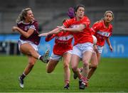 5 May 2019; Megan Glynn of Galway has a shot blocked by Aishling Hutchings and Ciara O'Sullivan of Cork during the Lidl Ladies National Football League Division 1 Final match between Cork and Galway at Parnell Park in Dublin. Photo by Brendan Moran/Sportsfile