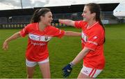 5 May 2019; Hannah Looney, left, and Clare O'Shea of Cork celebrate after the Lidl Ladies National Football League Division 1 Final match between Cork and Galway at Parnell Park in Dublin. Photo by Brendan Moran/Sportsfile