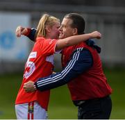 5 May 2019; Saoirse Noonan of Cork is congratulated by Cork manager Ephie Fitzgerald after the Lidl Ladies National Football League Division 1 Final match between Cork and Galway at Parnell Park in Dublin. Photo by Ray McManus/Sportsfile