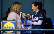 5 May 2019; Cork captain Martina O'Brien is presented with the cup by Marie Hickey, President of the LGFA, after the Lidl Ladies National Football League Division 1 Final match between Cork and Galway at Parnell Park in Dublin. Photo by Brendan Moran/Sportsfile