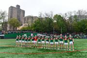 5 May 2019; The Mayo team stand for a minute's silence in memory of the late Eugene McGee, 1982 All-Ireland winning manager with Offaly, before the Connacht GAA Football Senior Championship Quarter-Final match between New York and Mayo at Gaelic Park in New York, USA. Photo by Piaras Ó Mídheach/Sportsfile