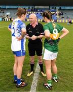 5 May 2019; The two captains, Emma Murray of Waterford and Amanda Brosnan of Kerry,with referee Gus Chapman before the Lidl Ladies National Football League Division 2 Final match between Kerry and Waterford at Parnell Park in Dublin. Photo by Ray McManus/Sportsfile