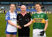 5 May 2019; The two captains, Emma Murray of Waterford and Amanda Brosnan of Kerry, shake hands accross referee Gus Chapman before the Lidl Ladies National Football League Division 2 Final match between Kerry and Waterford at Parnell Park in Dublin. Photo by Ray McManus/Sportsfile