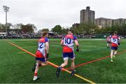 5 May 2019; A general view of Gaelic Park as New York players, from left, Daniel McKenna, Shane Hogan, and Paddy Boyle make their way onto the pitch for the second half during the Connacht GAA Football Senior Championship Quarter-Final match between New York and Mayo at Gaelic Park in New York, USA. Photo by Piaras Ó Mídheach/Sportsfile