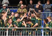 6 May 2019; Boyne players lift the cup after the Leinster Rugby U13 Plate match between Boyne and Wexford at Energia Park in Dublin. Photo by Eóin Noonan/Sportsfile