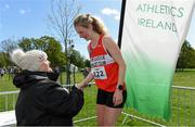 4 May 2019; Athletics Ireland President Georgina Drumm presents Mary Mulhare of Portlaoise A.C. in Laois, with her medal after the Women's National 5k Championship at the Irish Runner 5k in conjunction with the AAI National 5k Championships, Phoenix Park in Dublin. Photo by Brendan Moran/Sportsfile