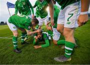 6 May 2019; Andrew Omobamidele is congratulated by his Republic of Ireland team-mates after scoring his side's goal during the 2019 UEFA European Under-17 Championships Group A match between Republic of Ireland and Czech Republic at the Regional Sports Centre in Waterford. Photo by Stephen McCarthy/Sportsfile