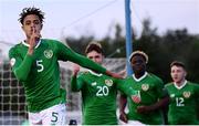 6 May 2019; Andrew Omobamidele of Republic of Ireland celebrates after scoring his side's goal during the 2019 UEFA European Under-17 Championships Group A match between Republic of Ireland and Czech Republic at the Regional Sports Centre in Waterford. Photo by Stephen McCarthy/Sportsfile