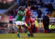 6 May 2019; Festy Ebosele of Republic of Ireland comes together with Jan Hellebrand of Czech Republic for which he received a yellow card, his second of the game, and subsequent red card, during the 2019 UEFA European Under-17 Championships Group A match between Republic of Ireland and Czech Republic at the Regional Sports Centre in Waterford. Photo by Stephen McCarthy/Sportsfile