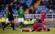 6 May 2019; Jan Hellebrand of Czech Republic goes to ground following a clash with Festy Ebosele of Republic of Ireland during the 2019 UEFA European Under-17 Championships Group A match between Republic of Ireland and Czech Republic at the Regional Sports Centre in Waterford. Photo by Stephen McCarthy/Sportsfile