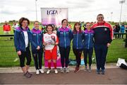 6 May 2019; Representatives from Edenderry, Co. Offaly, are presented with their certifcate by LGFA Gaelic4Teens ambassadors, from left, Cliodhna O'Connor, Fiona McHale, Jackie Kinch, Sinéad Delahunty and Sharon Courtney following the 2019 Gaelic4Teens Activity Day at the GAA National Games Development Centre in Abbotstown, Dublin. Photo by Seb Daly/Sportsfile
