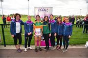 6 May 2019; Representatives from Castlegregory, Co. Kerry, are presented with their certifcate by LGFA Gaelic4Teens ambassadors, from left, Cliodhna O'Connor, Fiona McHale, Jackie Kinch, Sinéad Delahunty and Sharon Courtney following the 2019 Gaelic4Teens Activity Day at the GAA National Games Development Centre in Abbotstown, Dublin. Photo by Seb Daly/Sportsfile