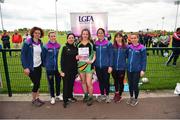 6 May 2019; Representatives from Killrossanty/Brickeys, Co. Waterford, are presented with their certifcate by LGFA Gaelic4Teens ambassadors, from left, Cliodhna O'Connor, Fiona McHale, Jackie Kinch, Sinéad Delahunty and Sharon Courtney following the 2019 Gaelic4Teens Activity Day at the GAA National Games Development Centre in Abbotstown, Dublin. Photo by Seb Daly/Sportsfile