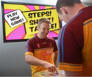 7 May 2019; Monaghan footballer Rory Beggan and Tipperary hurler Noel McGrath play the new Cúl Heroes Trading Card game 'Steps Shoot Tackle' during the Cúl Heroes Trading Cards 2019 Collection Launch at Croke Park in Dublin. Photo by David Fitzgerald/Sportsfile