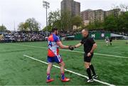 5 May 2019; New York captain Niall Madine shakes hands with referee Conor Lane before the Connacht GAA Football Senior Championship Quarter-Final match between New York and Mayo at Gaelic Park in New York, USA. Photo by Piaras Ó Mídheach/Sportsfile