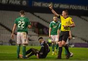 3 May 2019; James Tilley of Cork City receives a yellow card from referee Damien MacGraith after fouling Daniel Mandroiu of Bohemians during the SSE Airtricity League Premier Division match between Bohemians and Cork City at Dalymount Park in Dublin. Photo by Ben McShane/Sportsfile