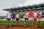 9 May 2019; Nicky Rackard Cup hurlers, from left, Fergal Rafter of Monaghan, Paddy Corcoran of Longford, Gary Cadden of Sligo, Cathal Freeman of Mayo, Robert Curley of Warwickshire, Gerard Smyth of Louth, Dermot Begley of Tyrone and Stephen Renaghan of Armagh in attendance at the official launch of Joe McDonagh, Christy Ring, Nicky Rackard and Lory Meagher Competitions at Croke Park in Dublin. Photo by Stephen McCarthy/Sportsfile