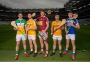 9 May 2019; Joe McDonagh Cup hurlers, from left, Pat Camon of Offaly, Conor McCann of Antrim Tommy Doyle of Westmeath, Martin Stackpoole of Kerry and Paddy Purcell of Laois in attendance at the official launch of Joe McDonagh, Christy Ring, Nicky Rackard and Lory Meagher Competitions at Croke Park in Dublin. Photo by Eóin Noonan/Sportsfile