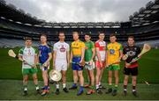 9 May 2019; Christy Ring Cup hurlers, from left, Fergal Collins  of London, Warren Kavanagh of Wicklow, Martin Fitzgerald of Kildare, Naos Connaughton  of Roscommon, Sean Geraghty  of Meath, Brian Óg McGilligan of Derry, Danny Cullen of Donegal and Stephen Keith of Down at the official launch of Joe McDonagh, Christy Ring, Nicky Rackard and Lory Meagher Competitions at Croke Park in Dublin. Photo by David Fitzgerald/Sportsfile