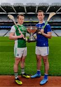 9 May 2019; Rory Porteous of Fermanagh, left, and Kevin Conneely of Cavan, pictured with the Lory Meagher Cup at the official launch of Joe McDonagh, Christy Ring, Nicky Rackard and Lory Meagher Competitions at Croke Park in Dublin. Photo by Sam Barnes/Sportsfile