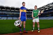 9 May 2019; Eoin Doyle of Lancashire, left, and Rory Porteous of Fermanagh pictured with the Lory Meagher Cup at the official launch of Joe McDonagh, Christy Ring, Nicky Rackard and Lory Meagher Competitions at Croke Park in Dublin. Photo by Sam Barnes/Sportsfile