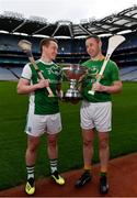 9 May 2019; Rory Porteous of Fermanagh, left, and Declan Molloy of Leitrim, pictured with the Lory Meagher Cup at the official launch of Joe McDonagh, Christy Ring, Nicky Rackard and Lory Meagher Competitions at Croke Park in Dublin. Photo by Sam Barnes/Sportsfile