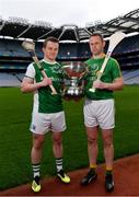 9 May 2019; Rory Porteous of Fermanagh, left, and Declan Molloy of Leitrim, pictured with the Lory Meagher Cup at the official launch of Joe McDonagh, Christy Ring, Nicky Rackard and Lory Meagher Competitions at Croke Park in Dublin. Photo by Sam Barnes/Sportsfile