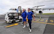 9 May 2019; James Ryan, right, and Devin Toner of Leinster arrive at Newcastle International Airport in Newcastle, England, ahead of the Heineken Champions Cup Final at St. James's Park. Photo by Ramsey Cardy/Sportsfile