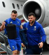 9 May 2019; Robbie Henshaw, right, and Cian Healy of Leinster arrive at Newcastle International Airport in Newcastle, England, ahead of the Heineken Champions Cup Final at St. James's Park. Photo by Ramsey Cardy/Sportsfile