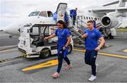9 May 2019; James Lowe, left, and Jordan Larmour of Leinster arrive at Newcastle International Airport in Newcastle, England, ahead of the Heineken Champions Cup Final at St. James's Park. Photo by Ramsey Cardy/Sportsfile